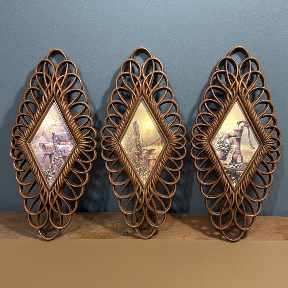 Vintage set of 3 Burwood Products mid century boho decor 7x14" great condition